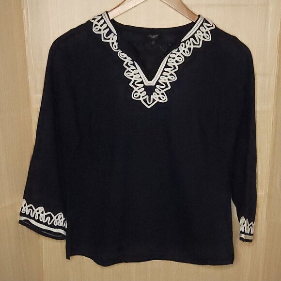 Talbots Petite Linen Navy White Embroidered Tunic SP - Picture 1 of 6
